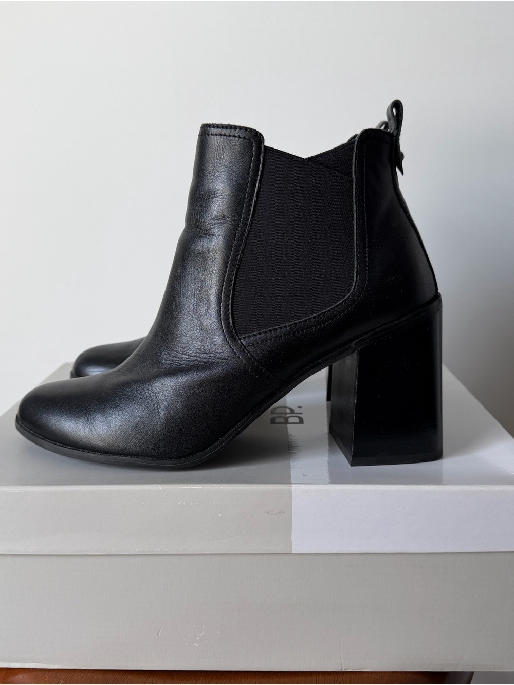 bp Black Leather Chelsea Block Heel Ankle Booties
